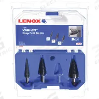 LENOX Step Drill Bit Set: 3 Pc, 1/8" to 1", Black Oxide HSS (MPN 30889889). Key specifications — attr1239053: Impact Rated.