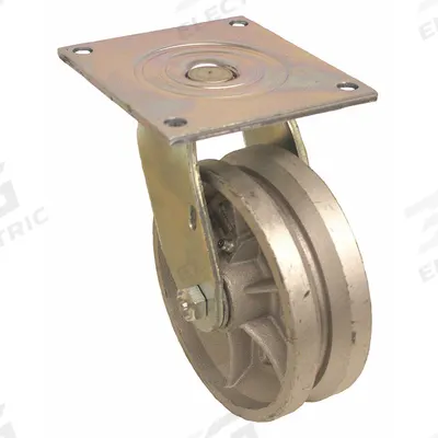 APPROVED VENDOR Plate Caster: Swivel, Iron, 6 in Wheel Dia, 2 in Wheel Wd - V-Groove Track-Wheel Plate Casters