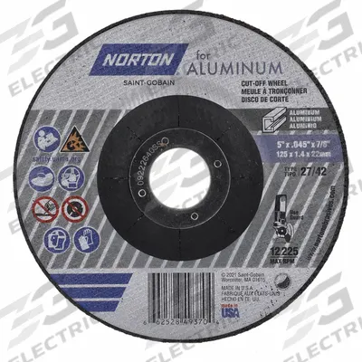 NORTON Depressed Center Wheel: Type 27, 5" x 0.045" x 7/8", Aluminum Oxide - General Purpose Cut-Off Wheels for Soft Metals