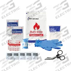 Burn Care Treatment Pack: 41 Components, Plastic, Bag, White, Burn Kit, No Medication Included (MPN 91167). Key specifications — Brand: FIRST AID ONLY; Adhesive Bandages Included: (1) Gauze Roll; Product Type: Burn Care Treatment Pack; PPE and Disposal Equipment Included: (2) Nitrile Exam Gloves; Oral and Inhalant Medicinals Included: No Oral/Inhalant Medicinals; Tools Included: Scissor; Topical Medicinals Included: (1) Burn Dressing; Wound Dressings Included: (2) Burn Dressings.