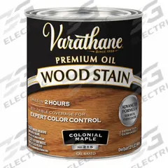 VARATHANE Wood Stain: Wood Stain, Interior, Oil, 1 qt Container Size, Wood, Satin, Colonial Maple (MPN 211712H). Key specifications — Brand: VARATHANE; Transparency: Semi-Transparent; Use Location: Interior; Sheen: Satin; Sub-Brand: Varathane; Color: Colonial Maple.