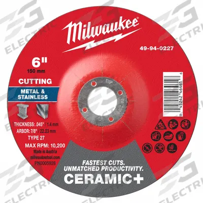 MILWAUKEE Cut-Off Wheel: Type 27, 6" x 0.045" x 7/8", Ceramic - Cool-Cutting Cut-Off Wheels for Carbon & Stainless Steel
