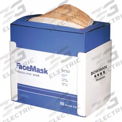 BOWMAN DISPENSERS Face Mask Dispenser: Powder Coated Steel, White, 6 in H x 8 in W x 5 1/4 in D (MPN FB-040). Key specifications — Material: Powder Coated Steel; Color: White; Dimensions: 6 in H x 8 in W x 5-1/4 in D; Mounting Location: Wall; Capacity: 1 Box of Tie Face Masks; Brand: BOWMAN DISPENSERS.