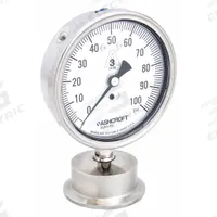 ASHCROFT Pressure Gauge: 0 psi to 100 psi, 3 1/2 in Dial, 2 in Tri-Clamp, Bottom, ±1.50% Accuracy (MPN 35-1032S-20L-100). Key specifications — Brand: ASHCROFT; Case Material: 316L Stainless Steel; Lens Material: Polycarbonate; Pressure Gauge Type: Sanitary Pressure Gauge; Accuracy: ±1.50%; Includes Calibration Certificate: No; Series: 1032S; Vibration Resistance: Water Resistant.