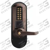KABA E-PLEX Electronic Keyless Lock: Keypad and Proximity Card, ADA Compliant, Bronze (MPN E5710XSWL-744-41). Key specifications — Product Type: Electronic Keyless Lock; Manufacturer Part Number: E5710XSWL-744-41; Access Method: Keypad and Proximity Card; Key Override Options: Schlage C Keyway.