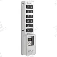 SOLA Electronic Keyless Lock: Brushed Nickel, Cam Latch, 5 1/4 in Body Ht, 1 1/4 in Body Wd, Keypad (MPN NLS3-K1-KT10-619-01B-3203). Key specifications — Finish: Brushed Nickel; Latch Type: Cam Latch; Brand: SOLA; Manufacturer Part Number: NLS3-K1-KT10-619-01B-3203.