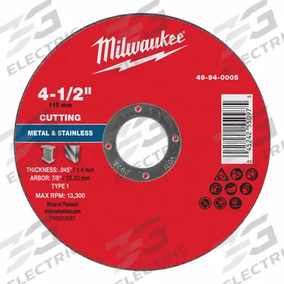 MILWAUKEE Cut-Off Wheel: Type 1, 4 1/2" x 0.045" x 7/8", Aluminum Oxide - General Purpose Cut-Off Wheels for Carbon & Stainless Steel