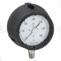 BOURDON Panel-Mount Pressure Gauge: 0 psi to 300 psi, White, 4 1/2 in Dial, 1/2 in NPT Male, Bottom (MPN MPG6-A60.H25). Key specifications — Brand: BOURDON; Pointer Color: Black; Accuracy: ±0.5%; Dial Color: White; Gauge Wetted Parts: Stainless Steel; Case Material: Plastic; Vibration Resistance Properties: None; Pressure Range: 0 psi to 300 psi.
