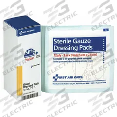 FIRST AID ONLY Gauze Pad: 3 in Dressing Lg, 3 in Dressing Wd, Gauze, Sterile, Fastener Not Included (MPN FAE-5013). Key specifications — Water Resistance: Not Water Resistant; Self-Adhesion: Not Self-Adhering; Unitized: Unitized; Standards: ANSI/ISEA Z308.1-2015; Manufacturer Part Number: FAE-5013; Package Type: Box; Product Type: Gauze Pad; Sterility: Sterile.