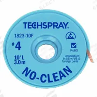 TECHSPRAY Desoldering Braid: No-Clean Flux, # 4, 0.098 in, 10 ft, Blue, ESD-Safe (MPN 1823-10F). Key specifications — Color: Blue; Brand: TECHSPRAY; Manufacturer Part Number: 1823-10F.