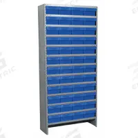 AKRO-MILS Enclosed Bin Shelving: 36 in x 18 in x 79 in, 1 Sided, 48 Bins, Closed, Drawer Bin, Blue (MPN ASC1879188BLU). Key specifications — Includes Bins: Yes; Bin Material: Polymer; Frame Color: Gray; Bin HxWxD: (48) 4-5/8 in x 8-3/8 in x 11-5/8 in; Frame Material: Steel; Bin Color: Blue; Bin Style: Drawer; Brand: AKRO-MILS.