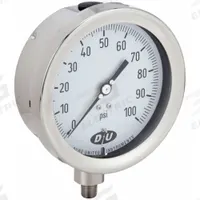 DURO Industrial Pressure Gauge: 0 psi to 100 psi, White, 4 1/2 in Dial, 1/4 in NPT Male, Bottom, 20 (MPN 4.2070513E7). Key specifications — Brand: DURO; Pointer Color: Black; Accuracy: ±0.5%; Dial Color: White; Gauge Wetted Parts: Stainless Steel; Case Material: Stainless Steel; Vibration Resistance Properties: None; Pressure Range: 0 psi to 100 psi.