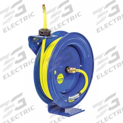COXREELS Spring Return Hose Reel: 100 ft (3/8 in I.D.), 3/8 in MNPT, 300 psi Max Op Pressure - High-Visibility Controlled-Retraction Air or Water Spring-Return Hose Reels