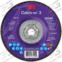 3M CUBITRON 3 Cut-Off and Grinding Wheel: Type 27, 5" x 1/8" x 5/8"-11, Ceramic, 36 Grit (MPN 88990). Key specifications — Brand: 3M CUBITRON 3.
