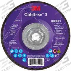 3M CUBITRON 3 Cut-Off and Grinding Wheel: Type 27, 5" x 1/8" x 5/8"-11, Ceramic, 36 Grit (MPN 88990). Key specifications — Brand: 3M CUBITRON 3.