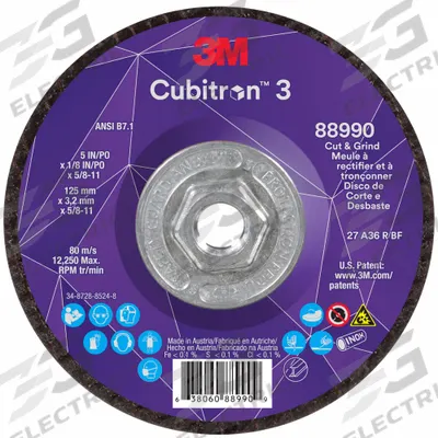 3M CUBITRON 3 Cut-Off and Grinding Wheel: Type 27, 5" x 1/8" x 5/8"-11 - Cool-Cutting Combination Wheels for Carbon & Stainless Steel