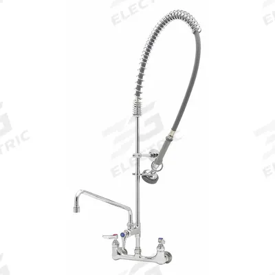 T&S BRASS Pre Rinse Faucet: Wall, 2 Mounting Holes, Chrome, 1.42 gpm Flow Rate, Pull-Down Spout - Pre-Rinse Faucets with Spray Spring Hose