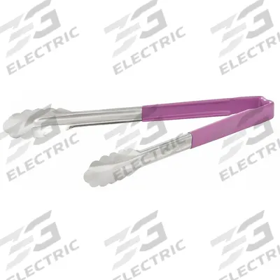 VOLLRATH Uncoated Scalloped Tongs: Stainless Steel Blade, 12 in Overall Lg, Purple