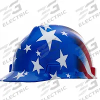 MSA Hard Hat: Blue, American Flag, Ratchet (4-Point), Ratchet, Polyethylene, Side-Slots, MSA (MPN 10052945). Key specifications — Brand: MSA; Series: Freedom Series; Head Protection Graphics: American Flag; Head Protection Suspension Type: Ratchet (4-Point); Head Protection Material: Polyethylene; Accessory Mounting Options: Side-Slots; Head Protection Brand: MSA; Suspension Adjustment Type: Ratchet.
