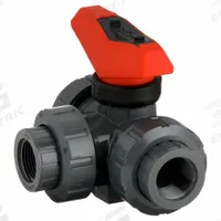 GF PIPING SYSTEMS Manual Three-Way Ball Valve: 3/4 in, PVC, L Flow, FNPT x FNPT x FNPT, Two-Piece (MPN 161543103). Key specifications — Brand: GF PIPING SYSTEMS; Handle: Locking Lever.