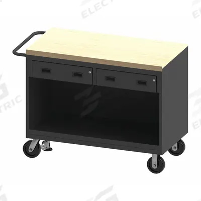 WESTWARD General Purpose Steel Mobile Workstation: 54 1/8 in x 24 1/4 in, Butcher Block - Mobile Cabinet Benches with Open Storage & Drawers