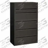 HON Lateral File Cabinet with Drawer: Charcoal, 5 Drawers, 64 1/4 in Overall Ht, 18 in Overall Dp (MPN H795.L.S). Key specifications — attr988670: Unfinished; attr988694: Steel; attr988716: Lateral File Cabinet with Drawer; attr988691: Integrated; attr988652: HON; attr988656: Charcoal; attr988720: Handle.
