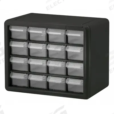 AKRO-MILS Drawer Bin Cabinet: 10 1/2 in x 6 1/2 in x 8 1/2 in, 16 Drawers, Stackable - Plastic Small Parts Drawer Cabinets