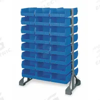 APPROVED VENDOR Bin Rail Floor Rack: 36 in x 57 in x 20 in, 2 Sided, 96 Bins, Hang and Stack Bin (MPN 7Y883). Key specifications — Bin Color: Blue; Rack Color: Gray; Brand: APPROVED VENDOR.