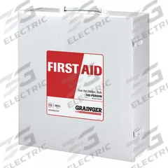 FIRST AID ONLY First Aid Kit and Housing: Gen Purpose, 100 People Served, 318 Components, Metal (MPN 59331). Key specifications — Adhesive Bandages Included: (40) Knuckle Bandages; Application: General Purpose; Brand: FIRST AID ONLY; Housing Color: White; Housing Material: Metal; Includes Oral or Inhalant Medication: Medication Included; Mountable: Portable; Oral and Inhalant Medicinals Included: (10) Ammonia Inhalants.