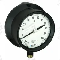 ASHCROFT Process Compound Gauge: 0 psi to 100 psi, White, 4 1/2 in Dial, 1/2 in NPT Male, Bottom, 4X (MPN 451379SSL04LVAC/100#). Key specifications — Brand: ASHCROFT; Pointer Color: Black; Accuracy: ±0.5%; Dial Color: White; Gauge Wetted Parts: Stainless Steel; Case Material: Epoxy-Coated Aluminum; Vibration Resistance Properties: Liquid-Filled; Pressure Range: 0 psi to 100 psi.