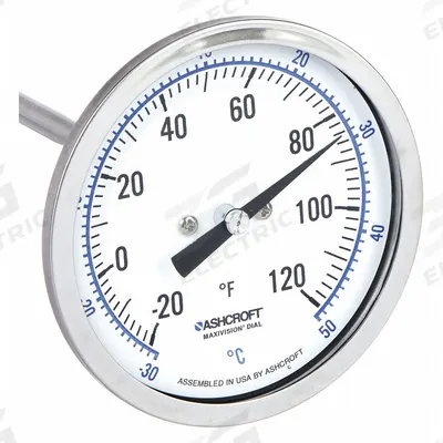 ASHCROFT Dial Thermometer: -20°F to 120°F /-30°C to 50°C, ±1% Accuracy, 6 in Stem Lg - Back-Mount Fixed-Angle Thread-Mount Dial Thermometers