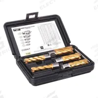 SLUGGER BY FEIN Annular Cutter Set: 2 in Max Cutting Dp, Pilot Pin Included, TiN, Cobalt, 5 Cutters (MPN 63134999017). Key specifications — attr253884: Yes; attr253885: TiN; attr253886: Cobalt; attr253887: Weldon Flat; attr253888: Fractional Inch; attr253891: 9/16 in; attr277149: SLUGGER BY FEIN.