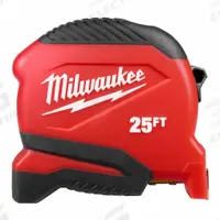 MILWAUKEE Compact Tape Measure: Nonmagnetic Single Hook Tip, 25 ft, Plastic, Black/Red (MPN 48-22-1725). Key specifications — attr935324: MILWAUKEE; attr942259: Red; attr935326: Finger Brake; attr935328: 1/16 in; attr935329: Inches; attr935337: SAE; attr936607: Manual Lock; attr972446: Inch.