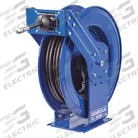 COXREELS Spring Return Hose Reel: 50 ft (1/2 in I.D.), 1/2 in MNPT, 2,500 psi Max Op Pressure, Brass (MPN TMP-N-450). Key specifications — Reel Color: Blue; Overall Dimensions: 19-1/2 in L x 9-3/8 in W x 21-1/4 in H; Hose Capacity: 50 ft (1/2 in I.D.); Swivel Material: Brass; Hose End Configuration: 1/2 in MNPT.
