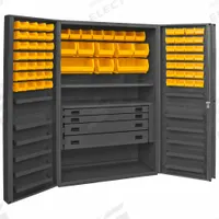 DURHAM MFG Bin Cabinet: 48 in x 24 in 72 in, 13 Shelves, 72 Bins, Yellow, Deep Box, 14 ga Panel (MPN DCBDLP724RDR-95). Key specifications — attr64273: Yellow; attr64268: (2) 16 in x 15 in x 7 in; attr64260: Assembled; attr64275: Drawer, Shelf, and Bin; attr63933: DURHAM MFG; attr64274: Gray; attr64276: Powder Coated; attr146303: Steel.