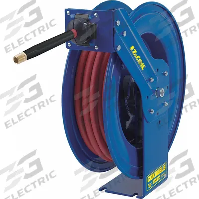 COXREELS Spring Return Hose Reel: 50 ft (1/2 in I.D.), 1/2 in MNPT, 300 psi Max Op Pressure - Controlled-Retraction Air or Water Spring-Return Hose Reels