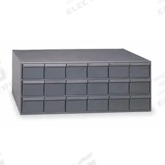 DURHAM MFG Drawer Bin Cabinet: 33 3/4 in x 12 1/4 in x 12 3/4 in, 18 Drawers, Stackable, Steel, Gray (MPN 030-95). Key specifications — Cabinet Material: Steel; Includes Dividers: Yes; Cabinet Finish: Powder Coated; Drawer Color: Gray; Cabinet Style: Drawer; Assembled: Assembled; Drawer Inside WxDxH: (18) 5-7/16 in x 11-11/32 in x 3-3/4 in; Cabinet Color: Gray.
