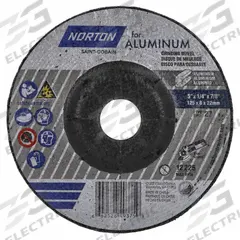 NORTON Depressed Center Wheel: Type 27, 5" x 1/4" x 7/8", Aluminum Oxide, 20 Grit (MPN 66252849375). Key specifications — Series: Norton for Aluminum; Brand: NORTON.