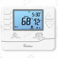ROBERTSHAW Digital Wall Thermostat: Heat and Cool, Manual, 5-1-1/7-Day/Not Programmable, Horizonal (MPN RS9220). Key specifications — Application: Heat and Cool; Stages: 2H/2C; Programming Capability: 7-Day; Shape: Square; Terminal Designations: Y; Temperature Control Range: 44° to 90°F; Changeover Type: Manual; Brand: ROBERTSHAW.