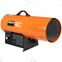 DAYTON Portable Gas Torpedo Heater: 150,000 BtuH Heating Capacity Output, 3,500 sq ft Heating Area (MPN 3VE56). Key specifications — Brand: DAYTON; Key Features: Thermostat; Overall Dimensions - H x W x D: 16-1/8 in x 25-5/8 in x 11-13/16 in.