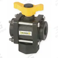 BANJO Manual Three-Way Ball Valve: 1 1/4 in, Polypropylene, L Flow, FNPT x FNPT x FNPT, Three-Piece (MPN V125BL). Key specifications — Brand: BANJO; Handle: Lever.