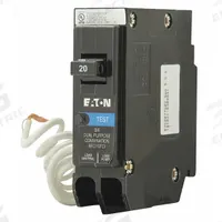 EATON Circuit Breaker: 20 A, 120V AC, Single Phase, 10kA at 120V AC, Type BR Loadcenters, 1 Poles (MPN BRP120DF). Key specifications — Amps: 20 A; AC Voltage Rating: 120V AC; Phase: Single; Max. AIR Rating: 10kA at 120V AC; Circuit Breaker Type: Arc & Ground Fault Circuit Interrupter with Plug-On Neutral; For Use With: Type BR Loadcenters; Brand: EATON.