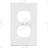 HUBBELL Wall Plate: Duplex Outlet, 1 Gang, White, Midsize Size (MPN PJ8W). Key specifications — Brand: HUBBELL; Material: Polycarbonate.