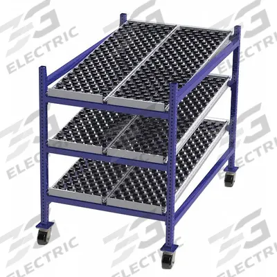 UNEX FLOW CELL Gravity Flow Rack: 36 in x 60 in x 54 in, Tilt, 3 Shelves - Skate Wheel Track Bolted Mobile Flow Racks