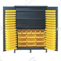 VALLEY CRAFT Bin and Shelf Cabinet: 60 in x 24 in 84 in, 3 Shelves, 172 Bins, Yellow, Flush, Gray (MPN F87954A6). Key specifications — Bin Color: Yellow; Bin HxWxD: (9) 7 in x 16-1/2 in x 14-3/4 in; Assembled: Assembled; Cabinet Style: Shelf and Bin; Brand: VALLEY CRAFT; Cabinet Color: Gray; Cabinet Finish: Powder Coated; Cabinet Material: Steel.