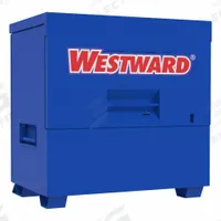 WESTWARD Job Site Piano Box: 48 1/2 in W x 33 7/8 in D x 49 7/16 in H, 47.8 cu ft, Recessed Padlock (MPN 857DZ4). Key specifications — attr1116233: Blue; attr1116253: WESTWARD; attr1222022: Recessed Padlock - Lock not included.