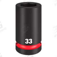 MILWAUKEE Impact Socket: 1 in Drive Size, SAE, 33 mm Socket Size, 6-Point, Deep, Black Phosphate (MPN 49-66-6627). Key specifications — attr1215501: MILWAUKEE; attr1215515: Black Phosphate; attr1215518: 33 mm.