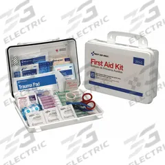 FIRST AID ONLY First Aid Kit and Housing: Industrial, 25 People Served, 107 Components, Plastic (MPN 223). Key specifications — Adhesive Bandages Included: (50) Bandages; Application: Industrial; Brand: FIRST AID ONLY; Housing Color: White; Housing Material: Plastic; Includes Oral or Inhalant Medication: Medication Included; Mountable: Wall Mount; Oral and Inhalant Medicinals Included: (12) Aspirins.
