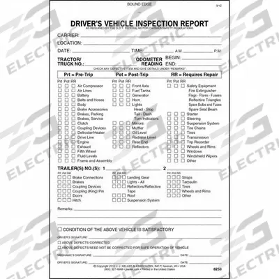 JJ KELLER Driver Vehicle Inspection Form: Carbonless, Driver Vehicle Inspection Report - All-Type Vehicle Inspection Forms