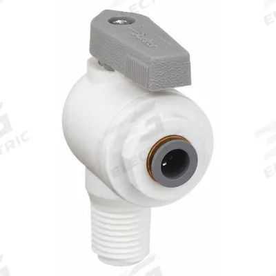 Parker Manual Two-Way Ball Valve: 1/4 in, Polypropylene, Angle, Push x MNPT - NSF 51 Compliant Polypropylene Ball Valves